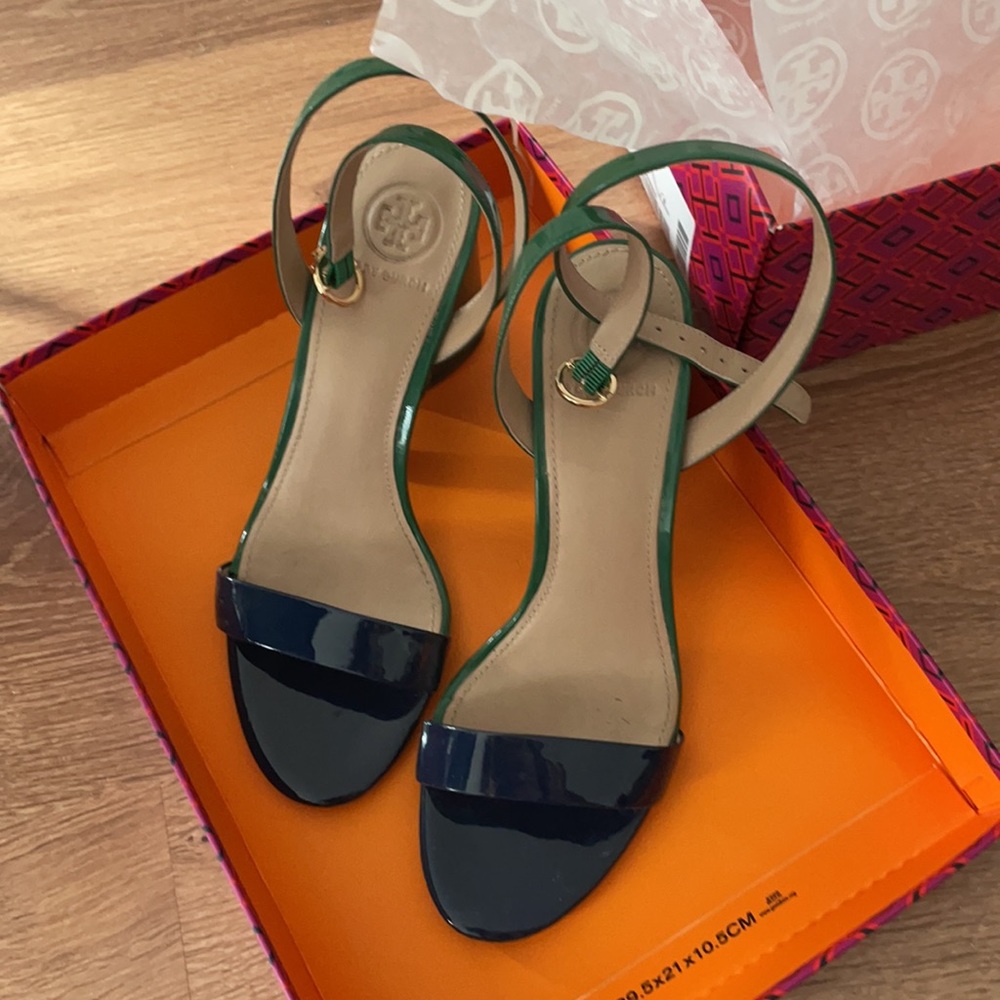 Tory Burch navy/emerald patent leather sandals